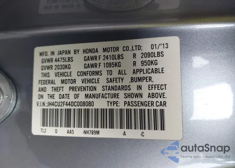 2013 Acura Tsx 2.4 z USA, uszkodzony, nr VIN JH4CU2F44DC008080
